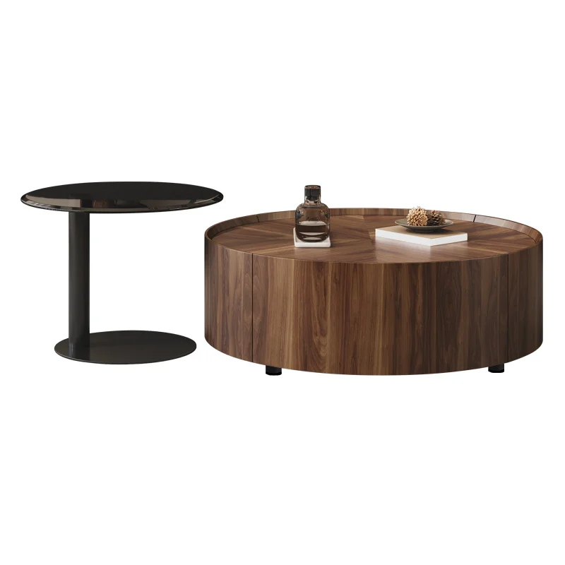 Italian minimalist wabi-**** wind walnut color round coffee table modern simple living room storage coffee table combination