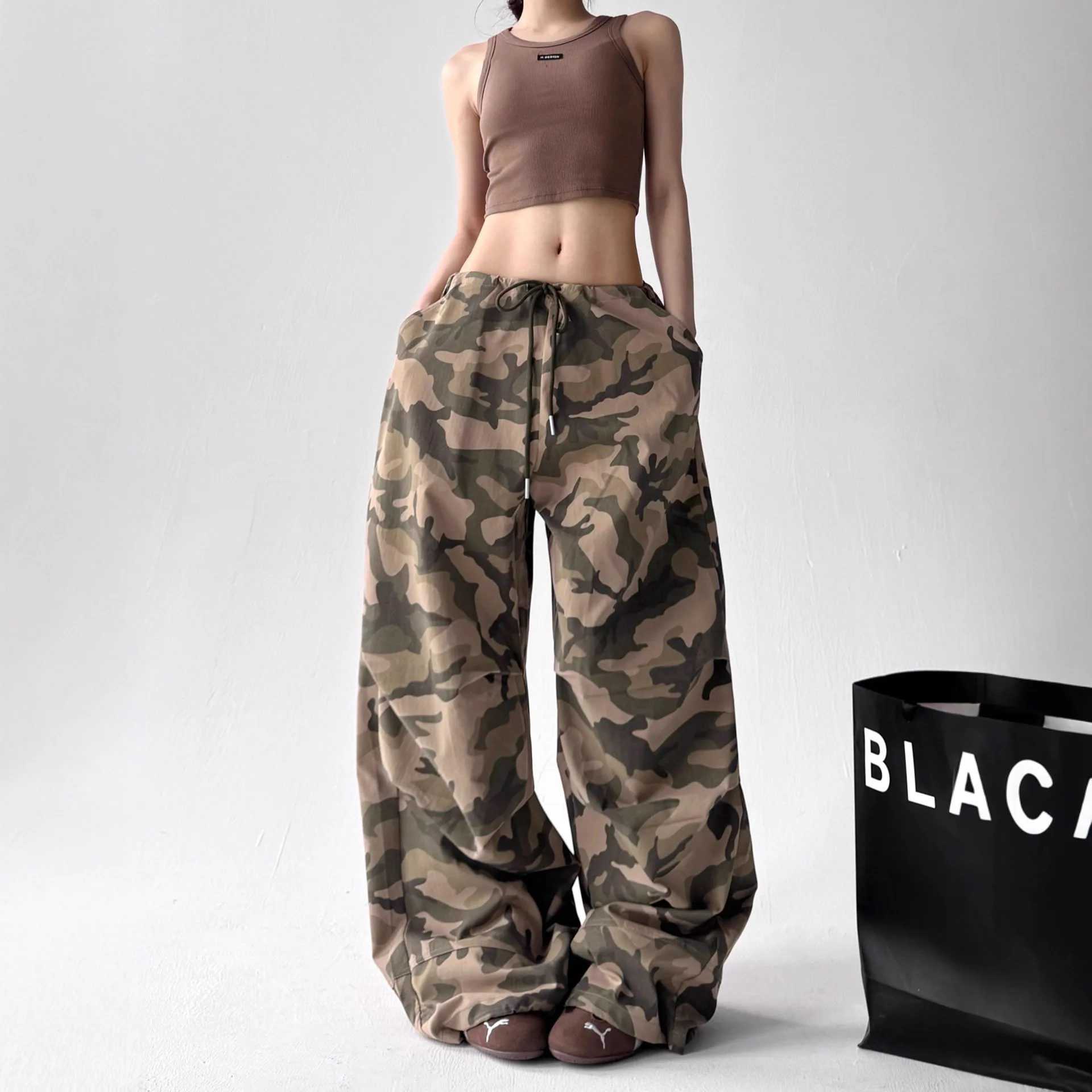 American Retro Camouflage Work Pants Women's Spring and Summer New Style Loose Wide Leg Pants Casual Pants