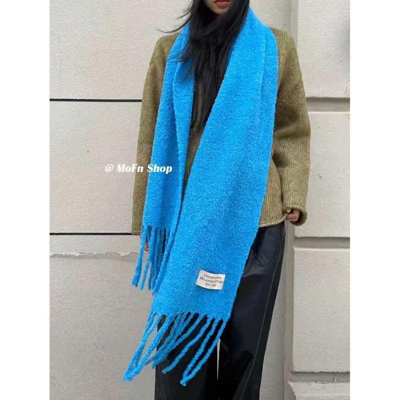 Winter 80% Wool Tassel Scarf Women Solid Color Letter Label Fashion Warm Scarf