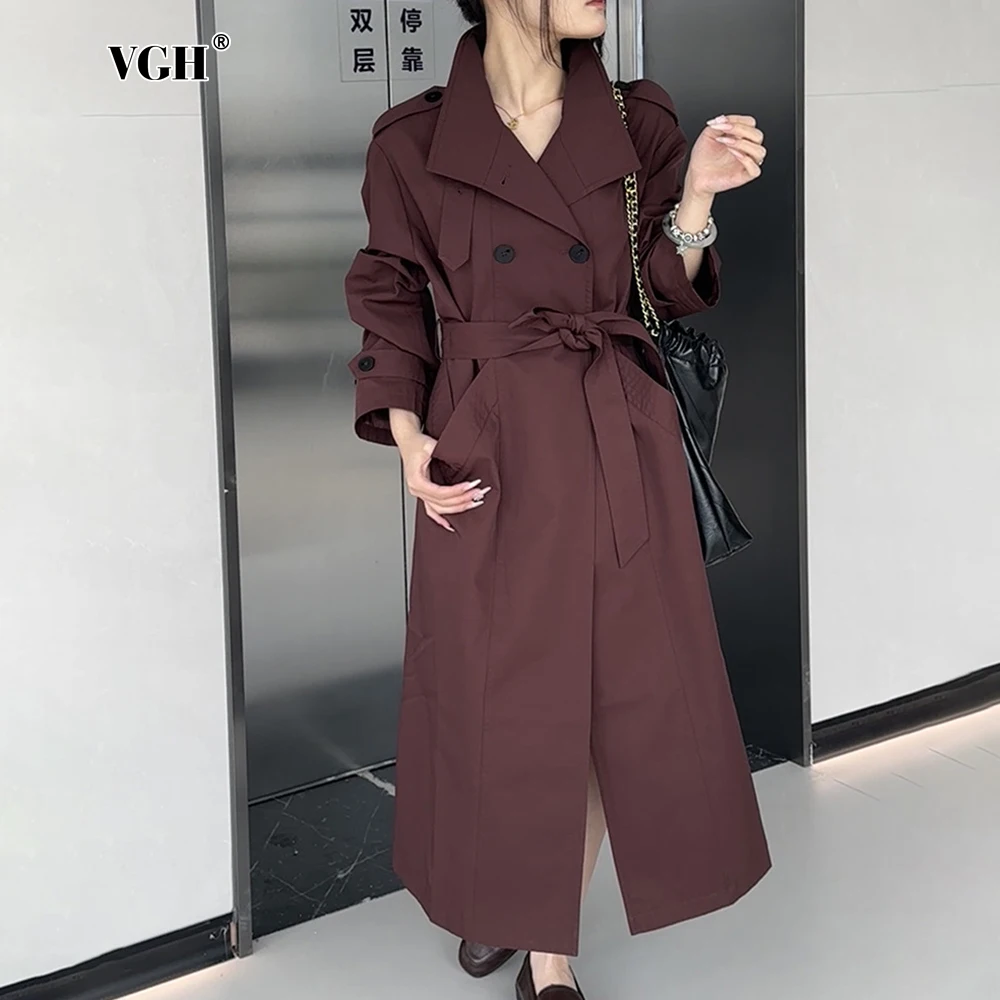 

VGH Solid Spliced Pockets Temperament Trench For Women Lapel Long Sleeve Tunic Patchwork Sashes Elegant Coats Female New Autumn