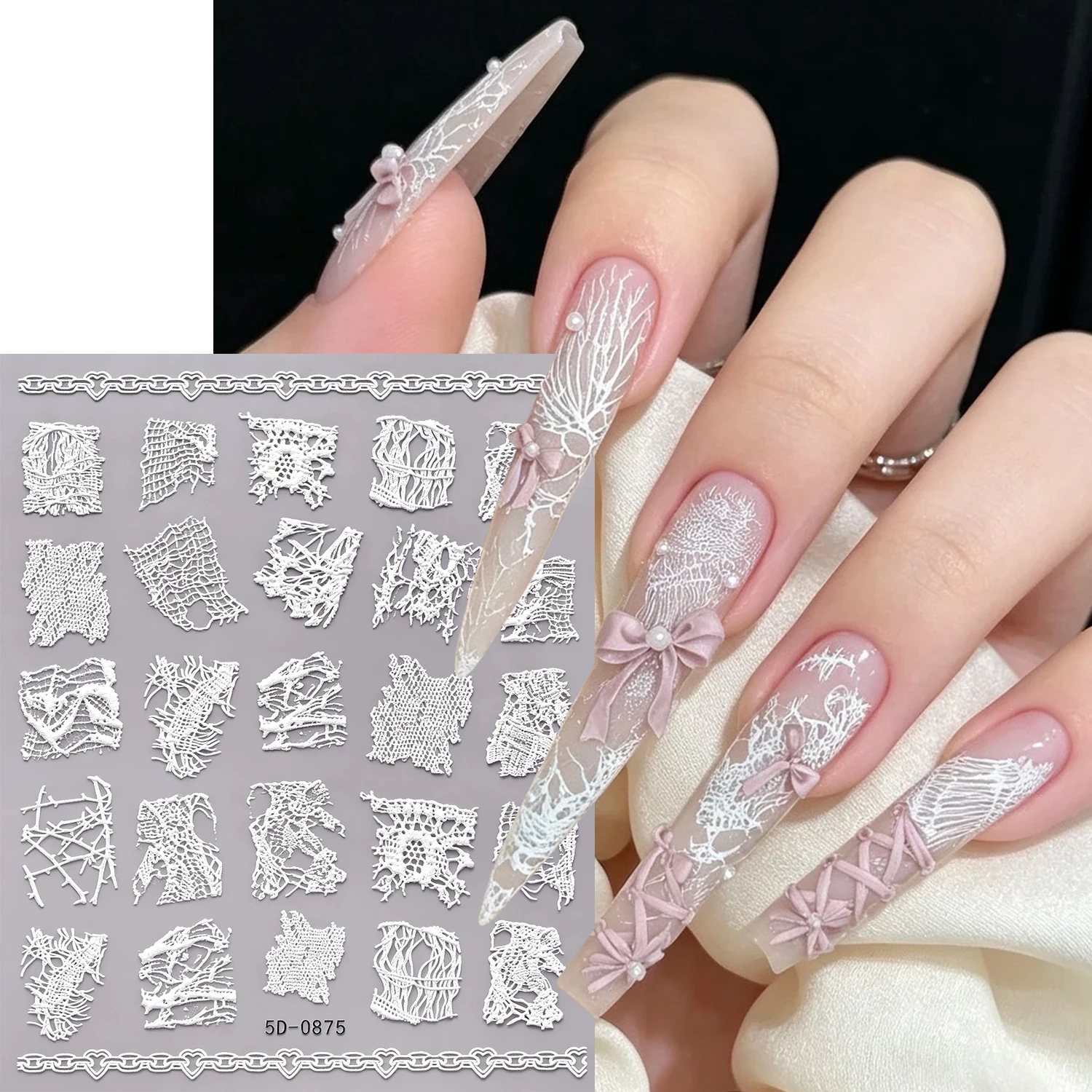 1Pc Embossed White Broken Lace Nail Stickers Square Fragment Mesh Self-Adhesive Nail Decals Gothic Wasteland DIY Nail Art Decors