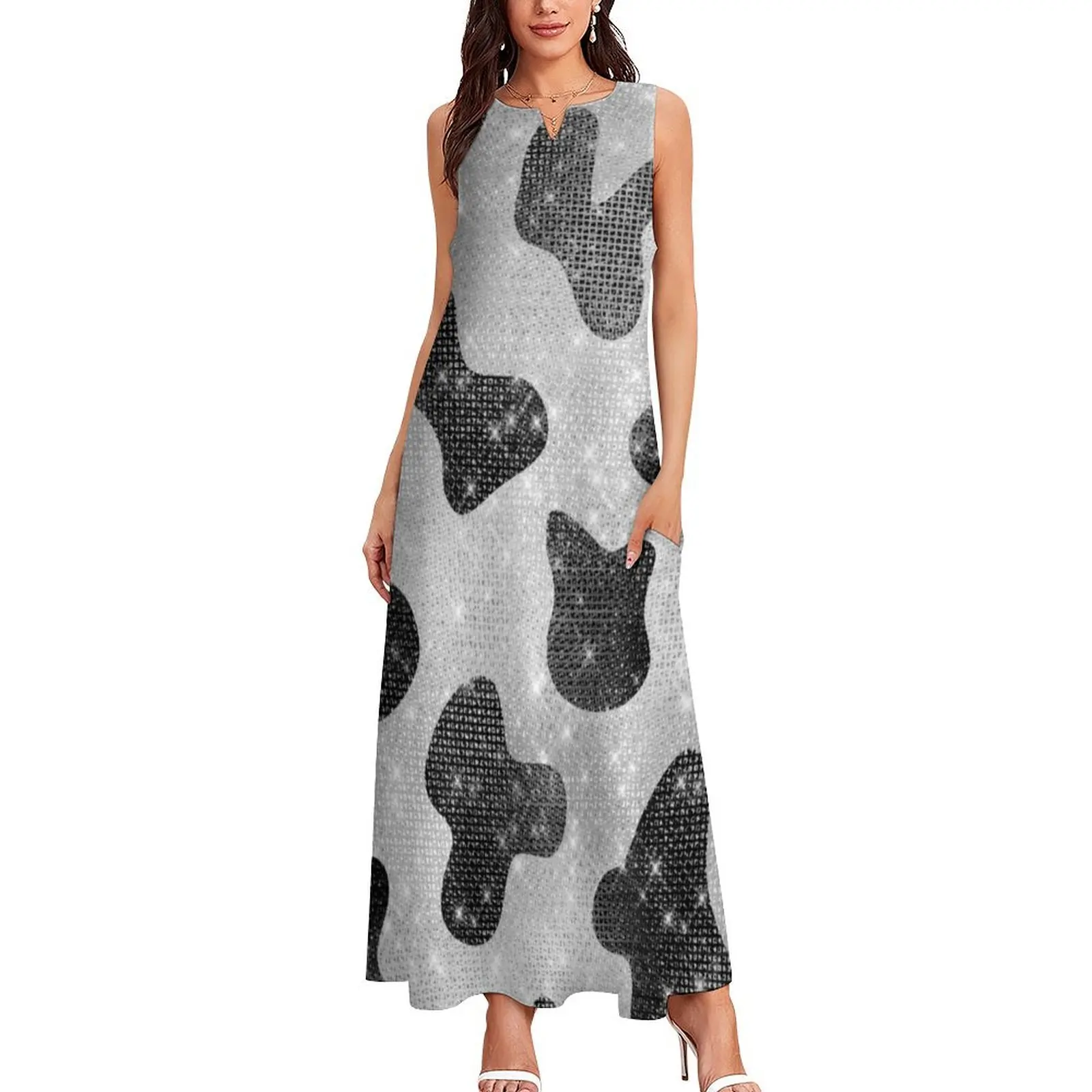 Glamorous Black Sparkly Glitter Sequins Cow Print Long Dress dress korean style loose summer dress