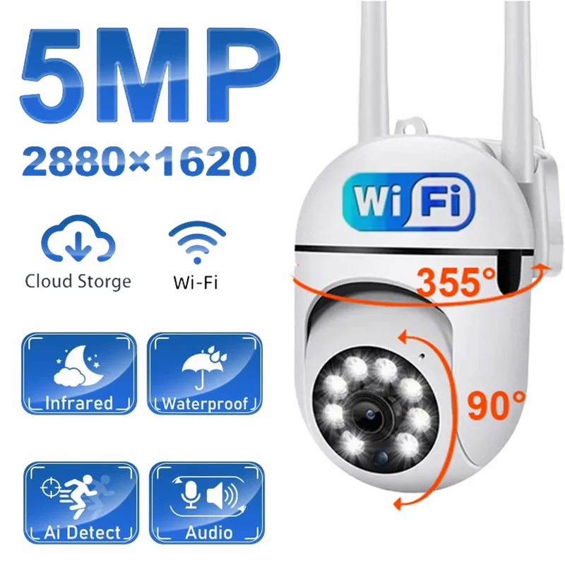 5MP Wifi Wireless Security Monitor Cameras PTZ Night Vision Outdoor Cam 4X Zoom CCTV Surveillance 1080P Camera AI Human Tracking