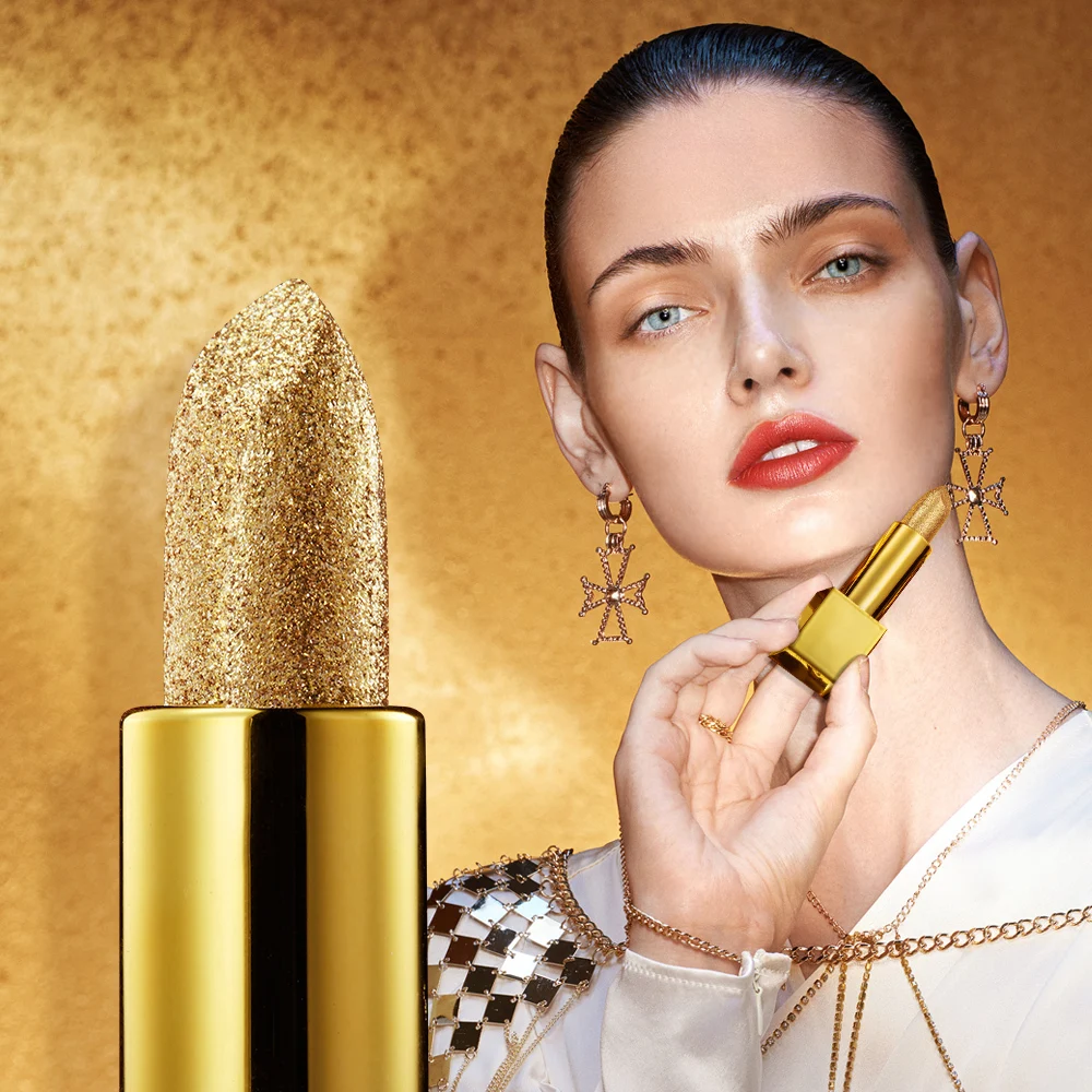 グリッター口紅保湿メイクベルベットマットゴールド口紅防水リップステインセクシーな光沢のある赤化粧品顔料ヌードルージュ