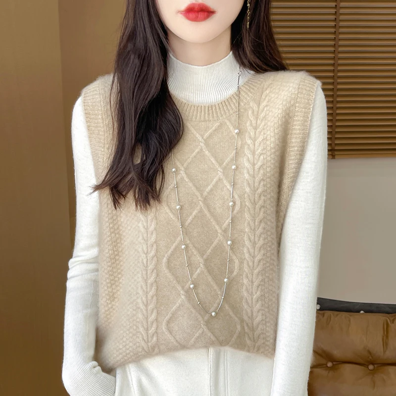 Autumn and winter new 100% pure wool women\'s O-neck pullover sweater vest knitted cashmere bottoming shirt