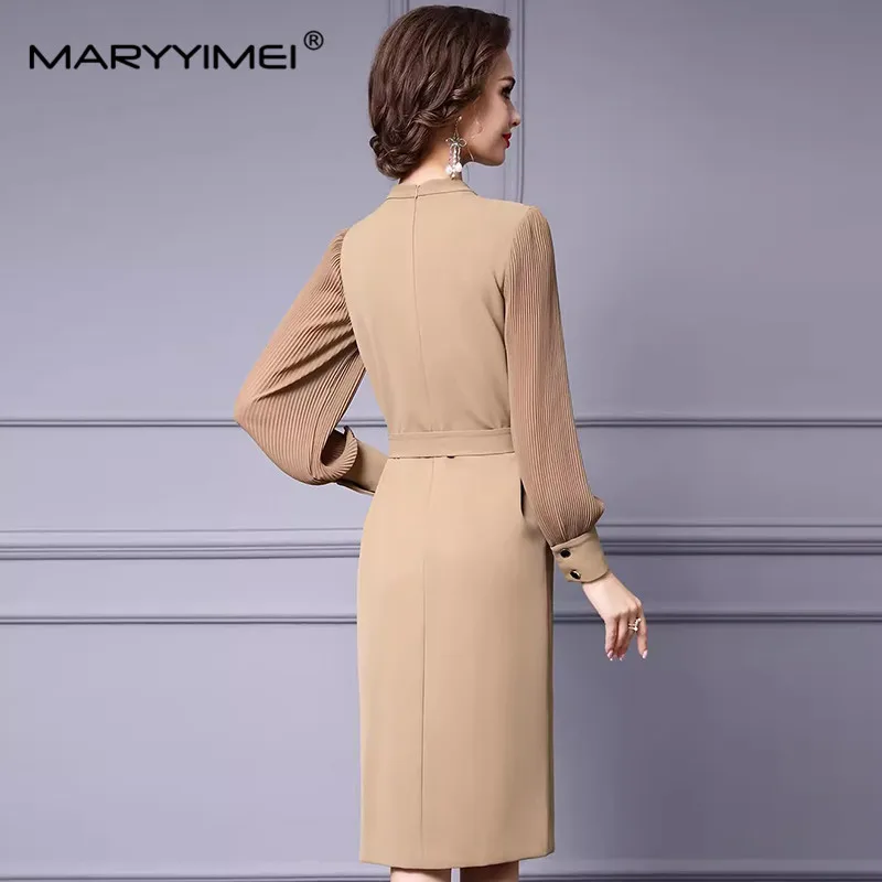 MARYYIMEI Elegant Commuter Solid Color Women\'s Dress Autumn Winter Stand Collar Lantern Sleeved Button Lace-UP Straight Dresses