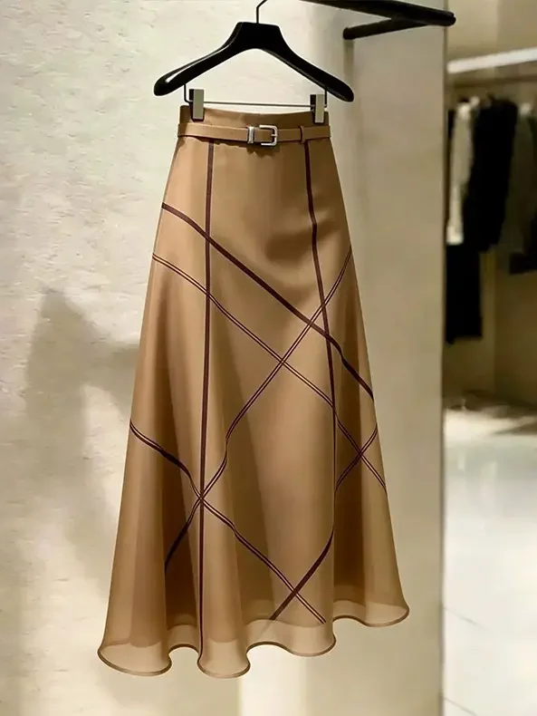 Elegant Office Camel Midi A‑line Skirt Women Geometric Line Print High Waist Flowy Chiffon Swing Skirt Formal Business Bottom