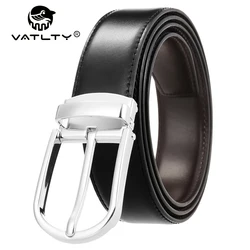 VATLTY New Men's Reversible Belt Natural Cowhide Hard Zinc Alloy Silver Buckle Brown Belt Genuine Leather Trousers Belt Male