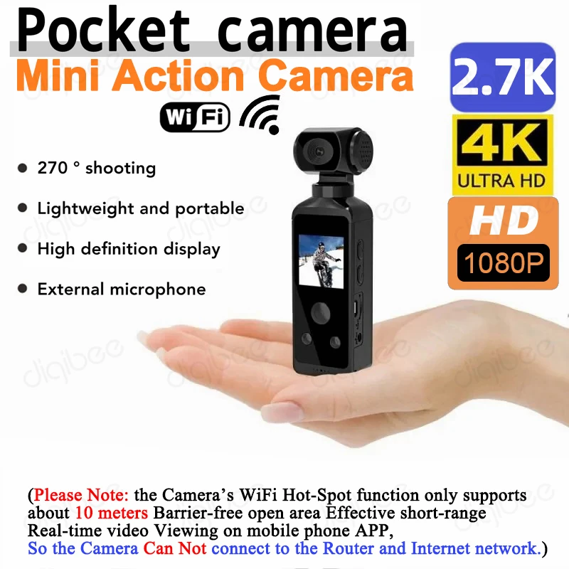 5K or 4K Ultra HD Pocket Action Camera 270° Rotatable WiFi Mini Camera Waterproof Case Outdoor Sports Vlog Diving Video Recorder