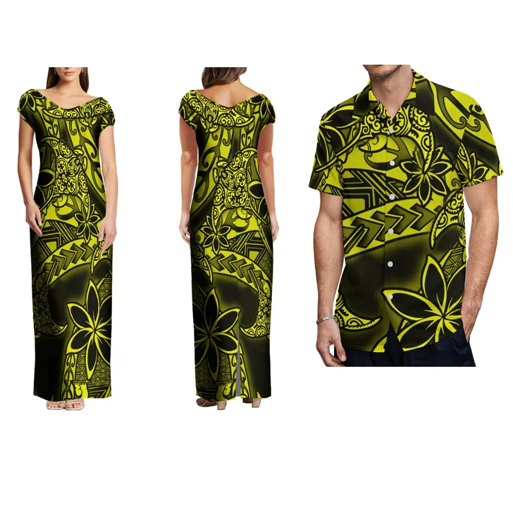 Damenkleid mit V-Ausschnitt, lockeres langes Kleid, Herrenhemd, maßgeschneidertes Paar-Set, polynesisches Stammes-Retro-Sommer-Kurzarm