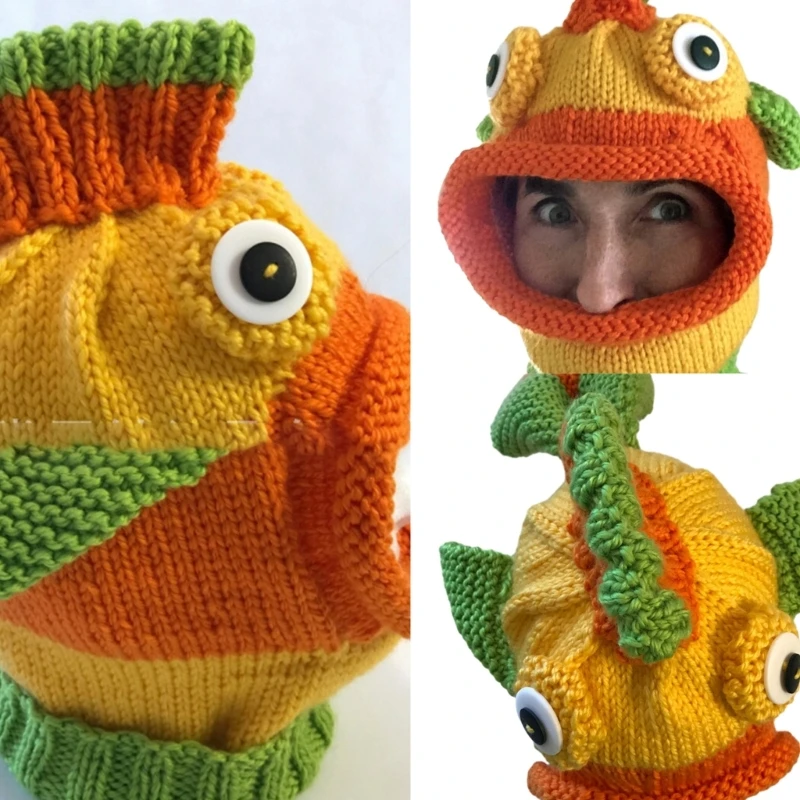 Warm Knit Clownfish Hat for Adult Halloween Party Facecover 3D Fish Cap Handmade Balaclava Hat Festival Holiday Dress Up