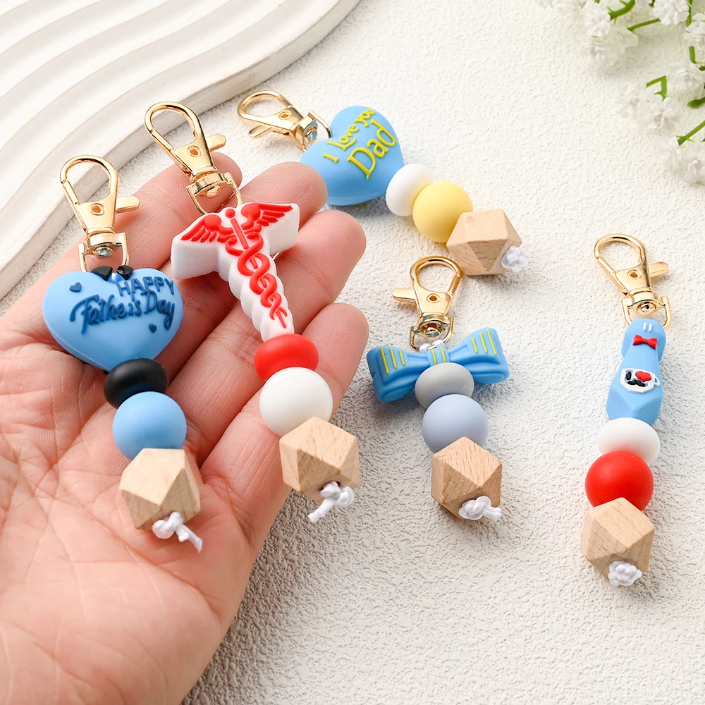 1pc Silicoen Beads Pendant Stroller Hook Charm Blue Series Father's Day Theme Handbag Keychain Decoration Accessories Gift