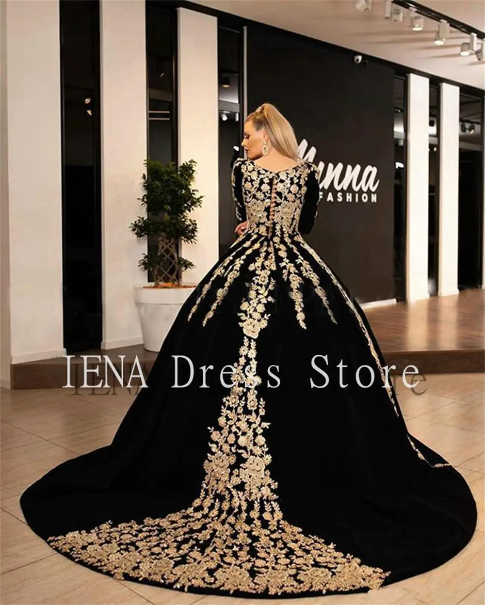 custom 14445#Black Velvet Formal Evening Dresses Plus Size V-neck Half Sleeve Sparkly Gold Applique Caftan Arabic Prom Gown