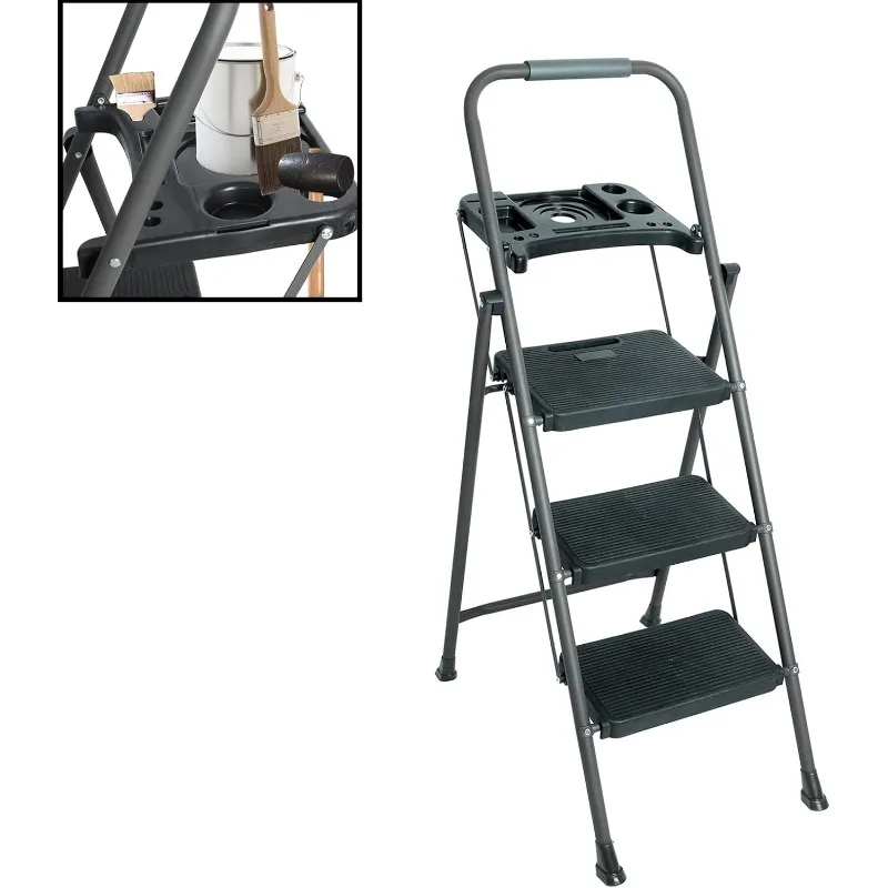 

3 Step Ladder with Tray, Folding Step Stool with Wide Non-Slip Pedal and Comfort Handgrip, Multi-use Steel Ladders