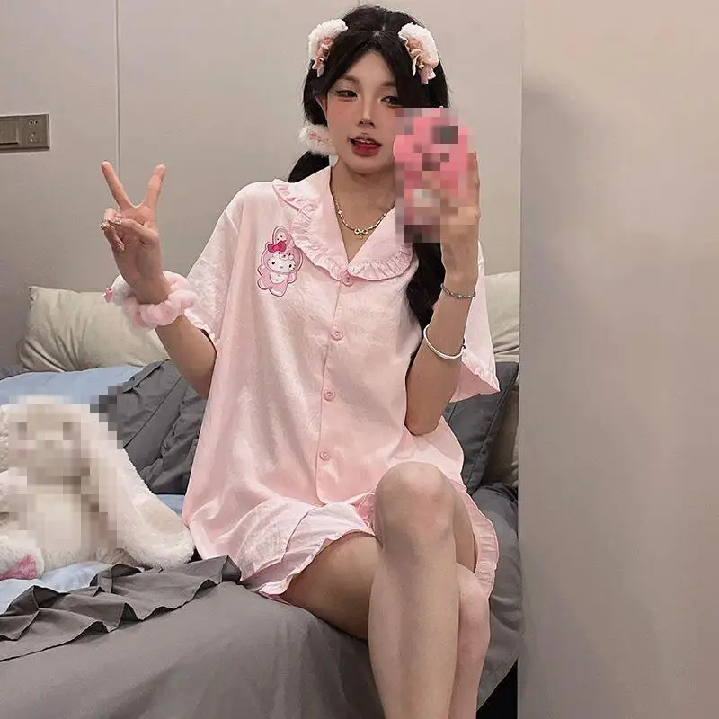 

Women's Doll Collar Short Sleeve Shorts Pajamas Set Cardigan Summer New Cartoon Home Clothes Girls Korean Soft Two-Piece Set