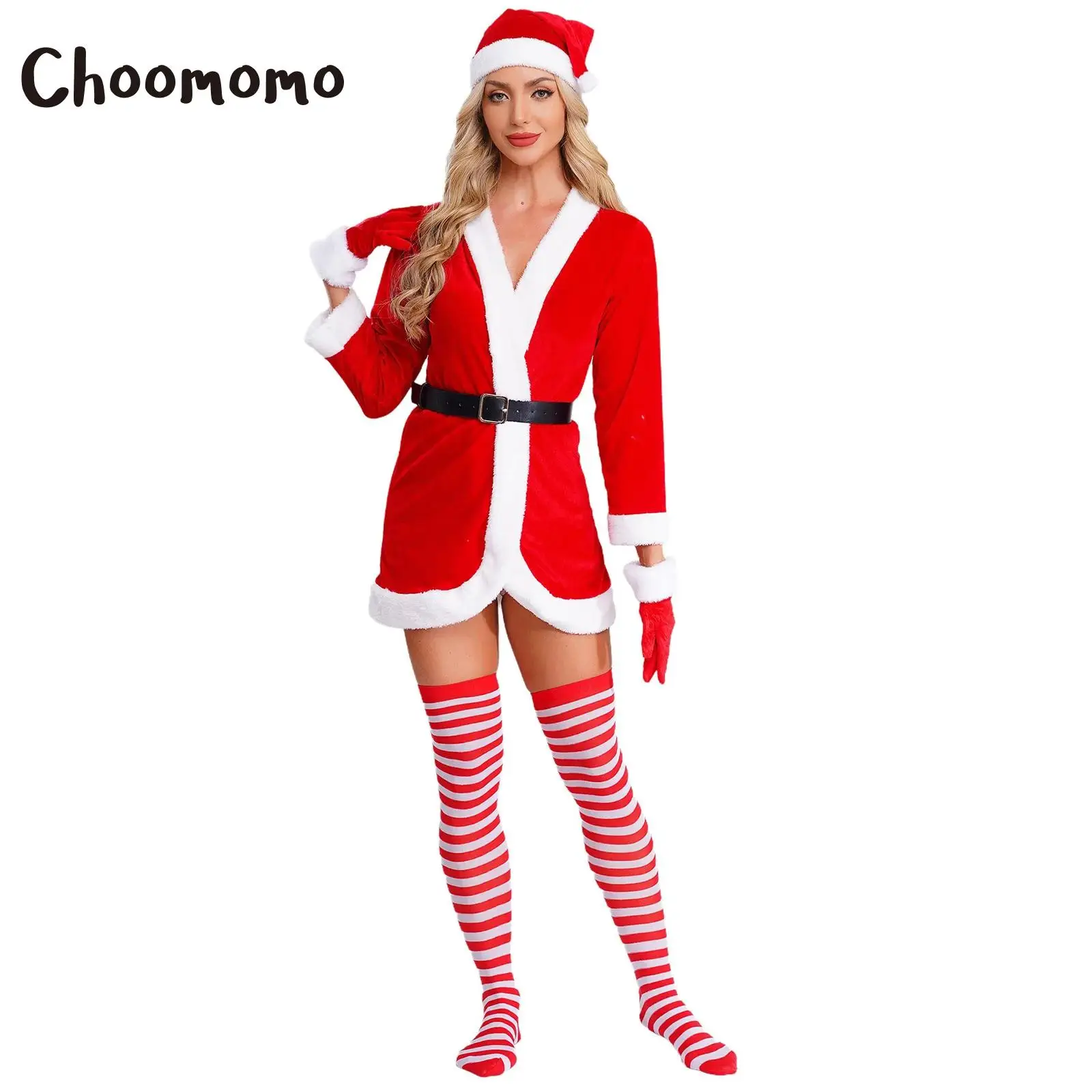 

Womens Mrs Santa Claus Outfits Open Front Long Sleeve Robe with Waist Belt Striped Stockings and Hat Gloves Christmas Costume