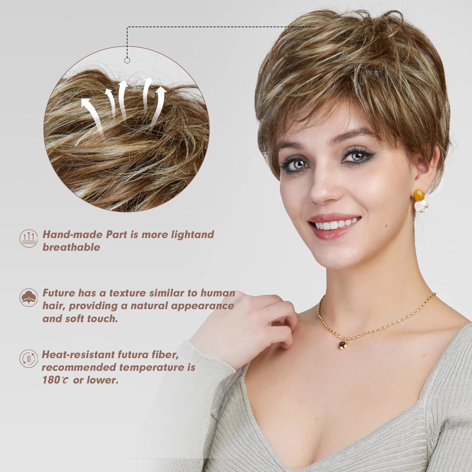 ALAN EATON Pixie Cut Lace Front Wigs for Women Short Brown Highlight Wig Monofilament Top Wig Futura Fiber Natural Layered Hair