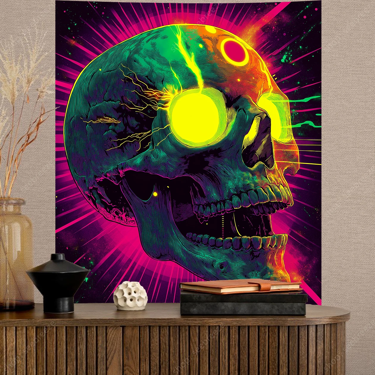 Vibrant Neon Skull Spiral Tapestry Edgy Kids Room Decor Hypnotic Cyberpunk Wall Art Multicolor Safe Woven Fabric Space Divider