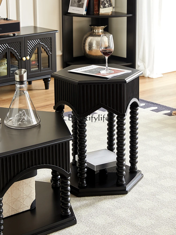 

French retro solid wood edge table, living room sofa side small coffee table