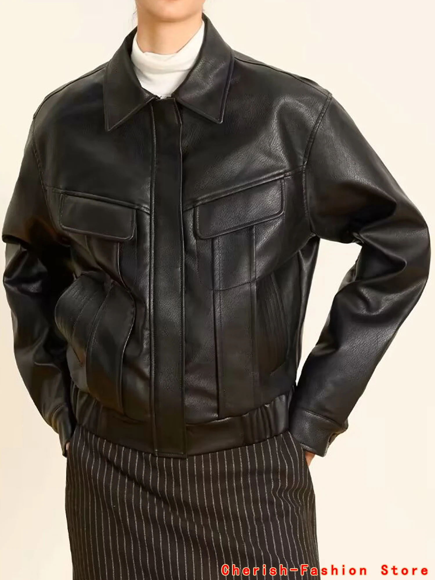 2024 Autumn England Designer Womens Black Faux Leather Jackets Loose Casual Biker Coat Females Harajuku Pu Streetwear Top