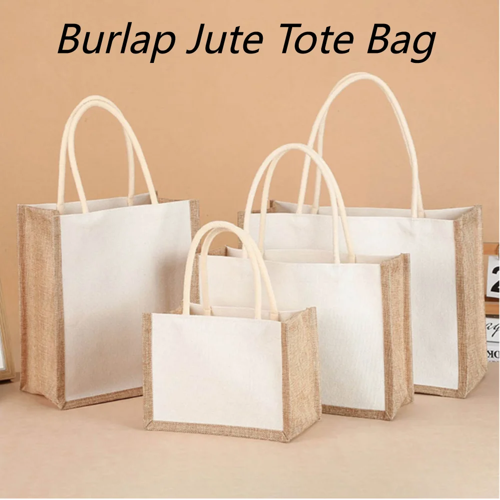 Women Burlap Jute Tote Bag Vintage Reusable Grocery Shopping Bag Canvas Top-handle Jute Handbag Simple Contrast Color Tote Bags