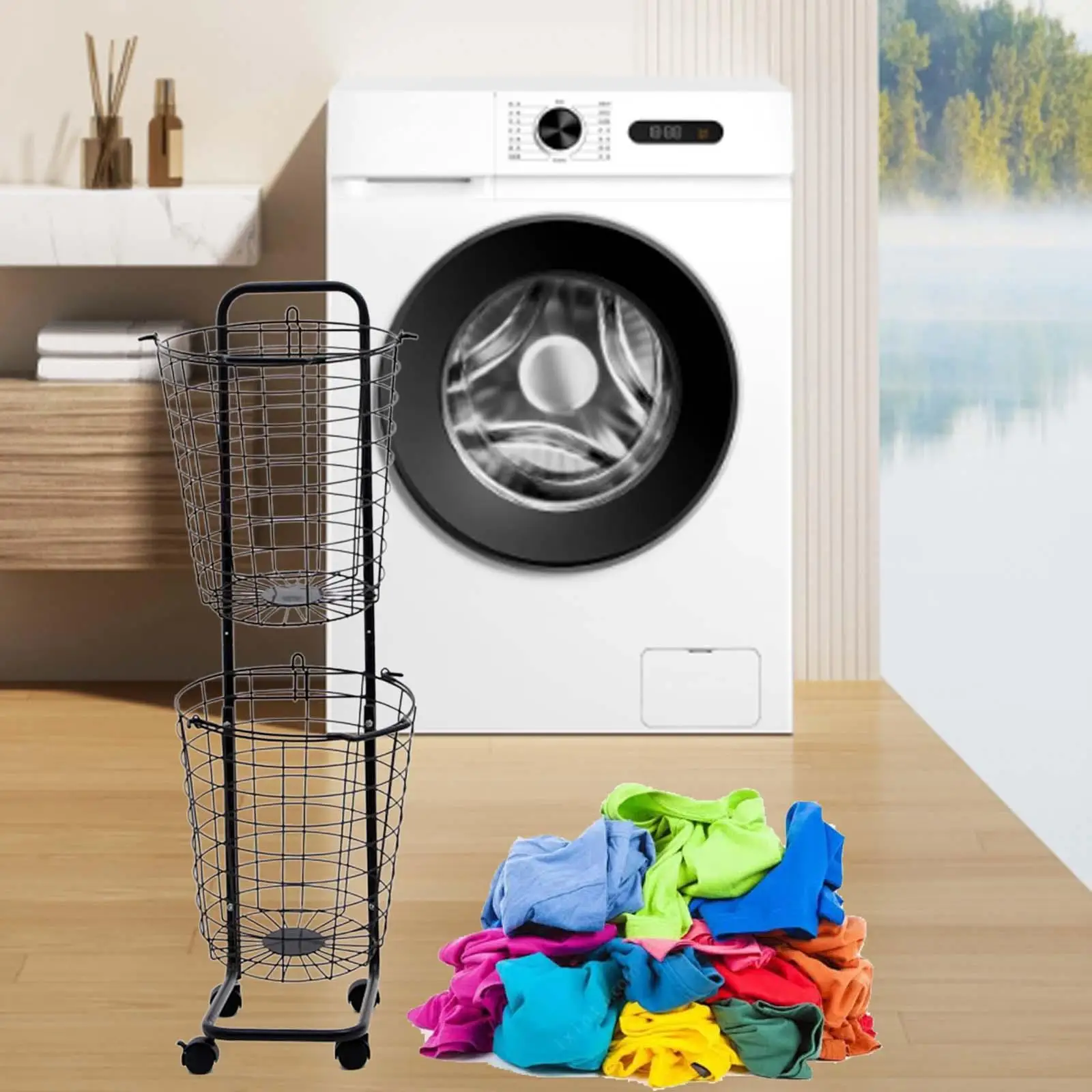 

2 Tier Laundry Basket with Wheels Clothes Laundry Basket Bin Laundry Clothes Basket for Household Laundry Home Kitchen Bathrooom