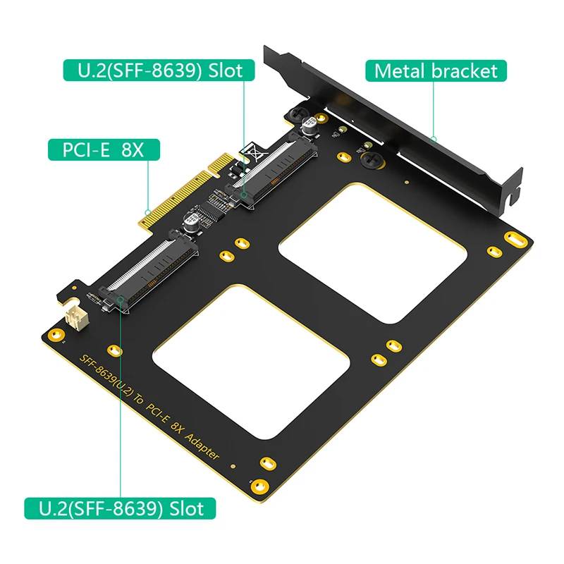 Adaptador Dual U.2 SSD a PCIE 4,0 X8, tarjeta de expansión U2 SFF-8639 a PCI Express 8X, placa base PCIe bifurcación VROC para Soft RAID