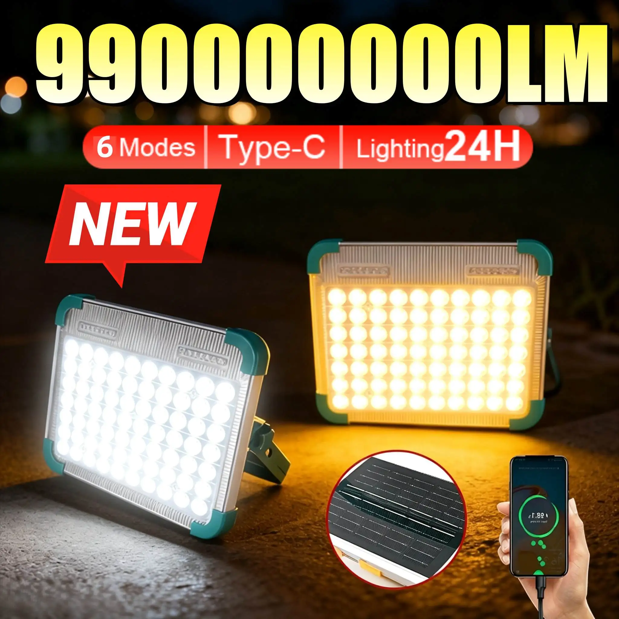 990000000LM Portable Solar LED Flood Light USB Rechargeable Solar Work Light Long Runtime For Camping Emergency Repair Fishing