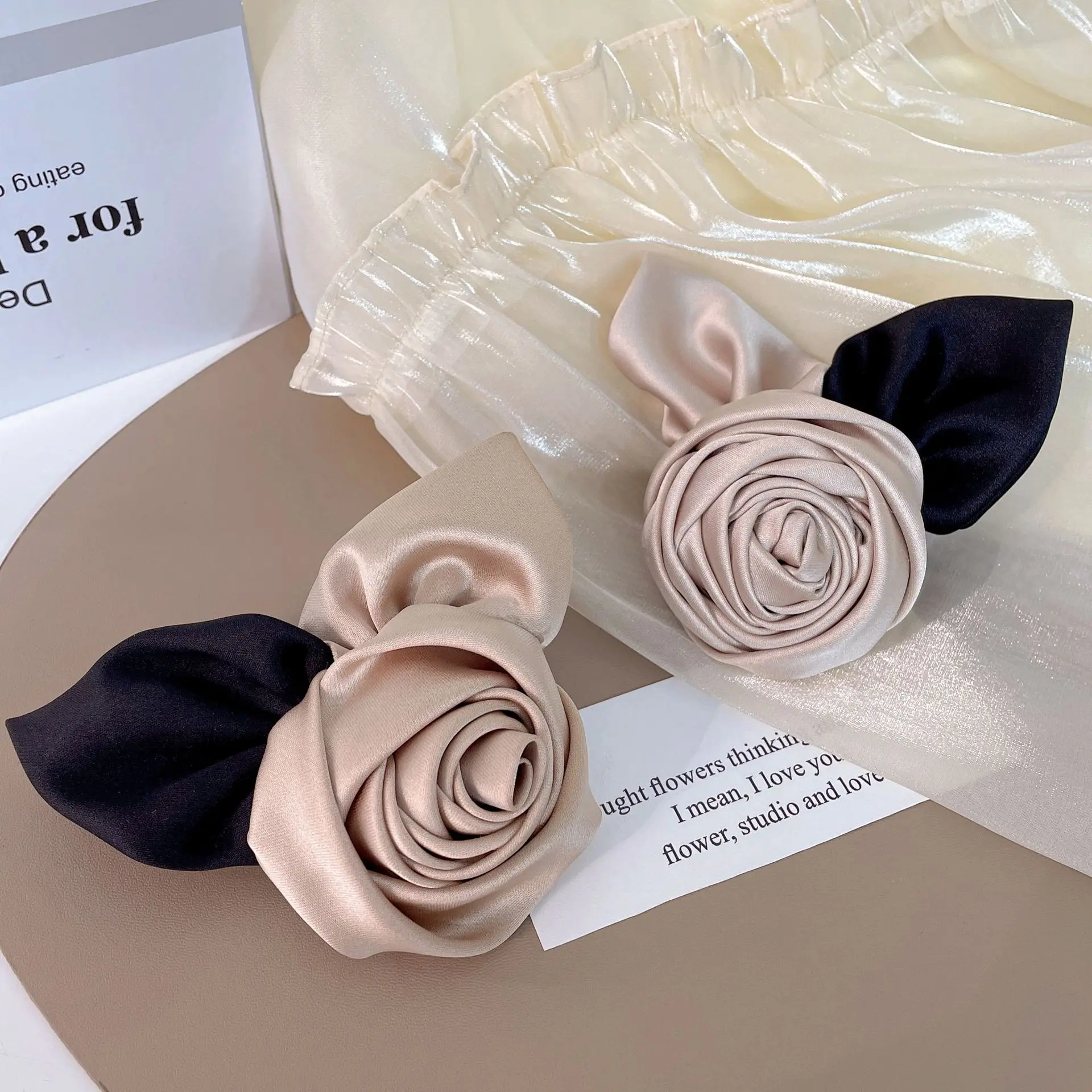 Soft High-end Mirror Satin Hair Bands European and American Female Daily Handmade Silk Satin Rose Headdress Elastic Headbands