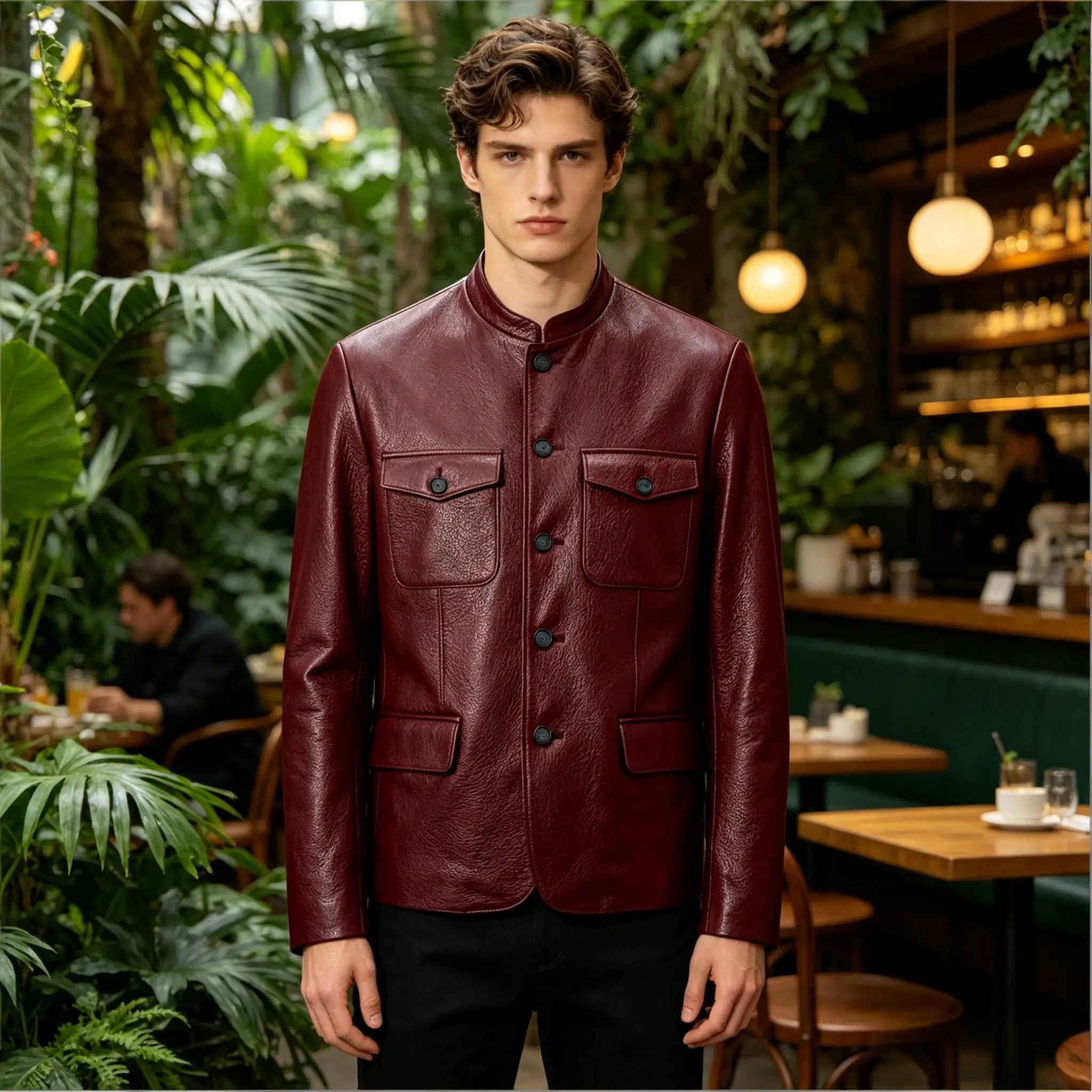 Men Premium Leather-Like Stand Collar Jacket Single Breasted Casual Multi-Pocket Slim Fit Business Outerwear
