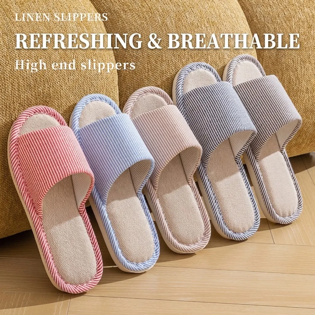 Breathable Flax Linen Slippers Women Men Striped Open Toe Indoor Slides Non-Slip Soft Sole Sweat Absorbing Home Floor House Shoe - view 2