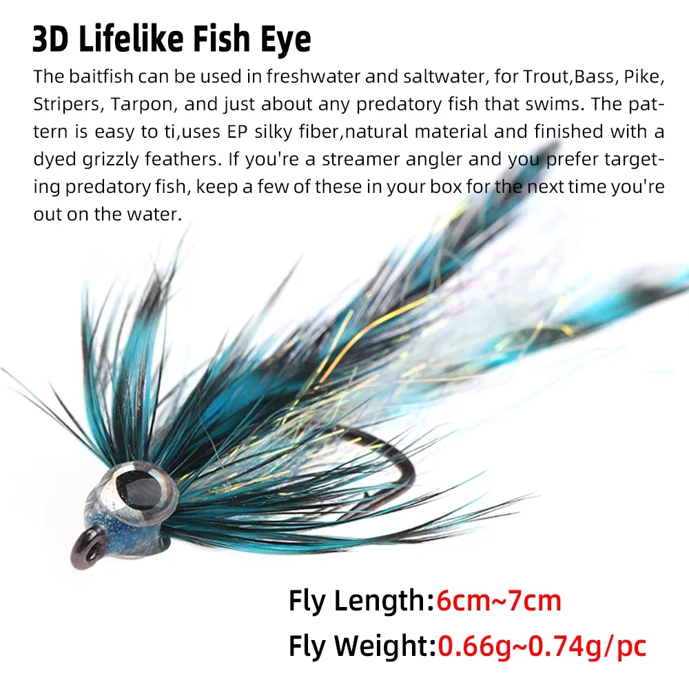 Vampfly 2pcs/4pcs Baitfish Streamer Fly 3D Fish Eye EP Silky Fiber Grizzly Feather Fly Fishing Fly Trout Bass Fishing Lure Baits