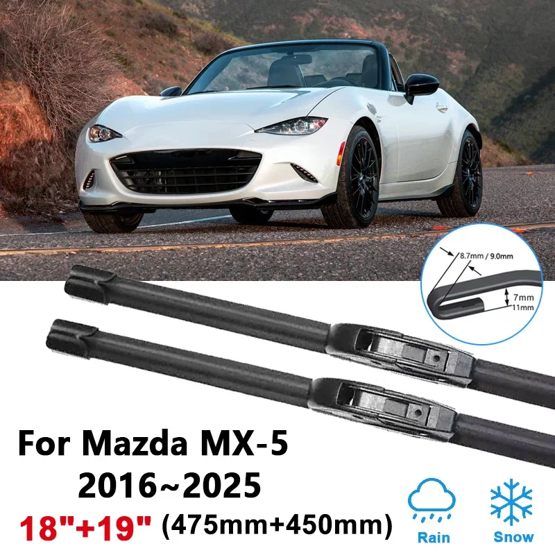 

18"+19" Wipers For Mazda MX-5 MX5 2016~2025 Eunos Roadster Miata Boneless Front Wiper Blades Window U J Hook Arm Car Accessories