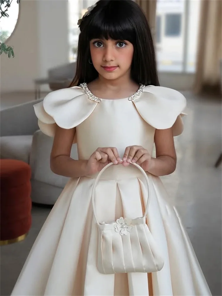 Customized Ivory Flower Girl Dresses For Wedding Pearls Satin Knee Length Elegant Kids First Communion Birthday Party Ball Gown
