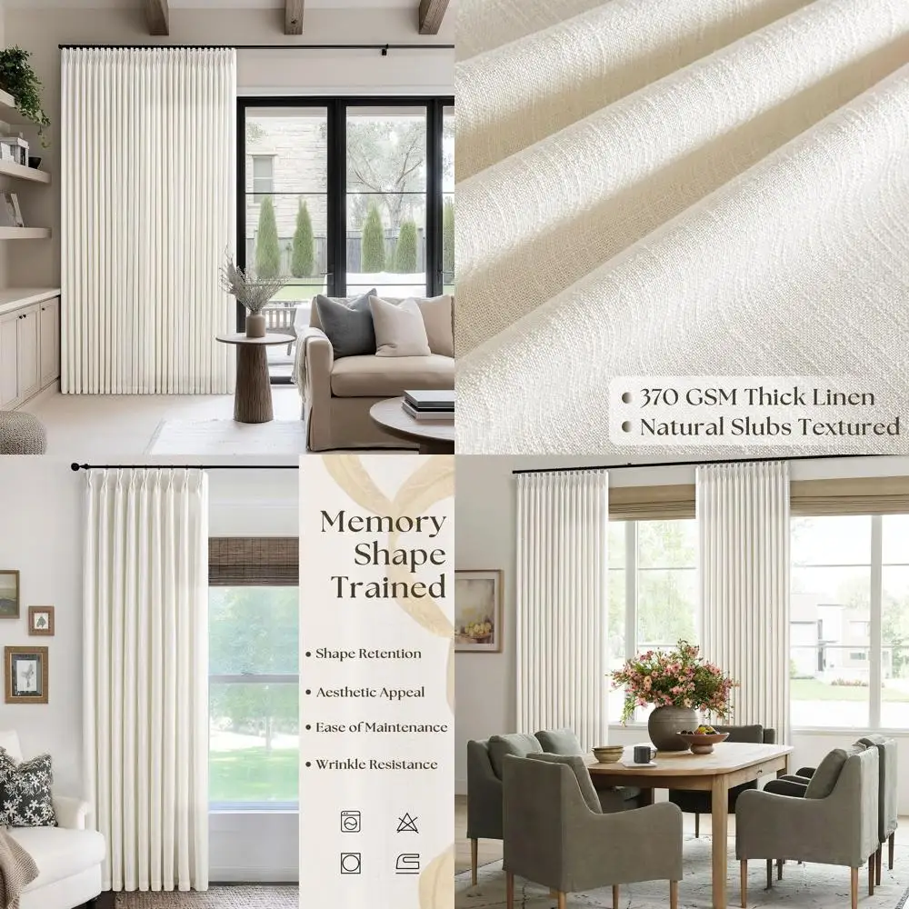 مزيج الكتان الطبيعي 60 واسعة × 102 ستائر طويلة ذات ثنيات لمساحات المعيشة مع خطافات وحلقات