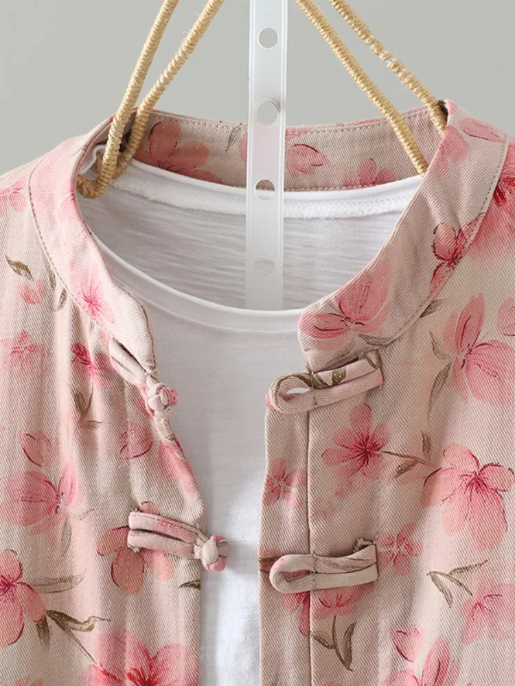 New Chinese Style Pink Zen Print Cotton Linen Jacket Women's Spring Unique Beautiful Tang Costume Open Cardigan Top