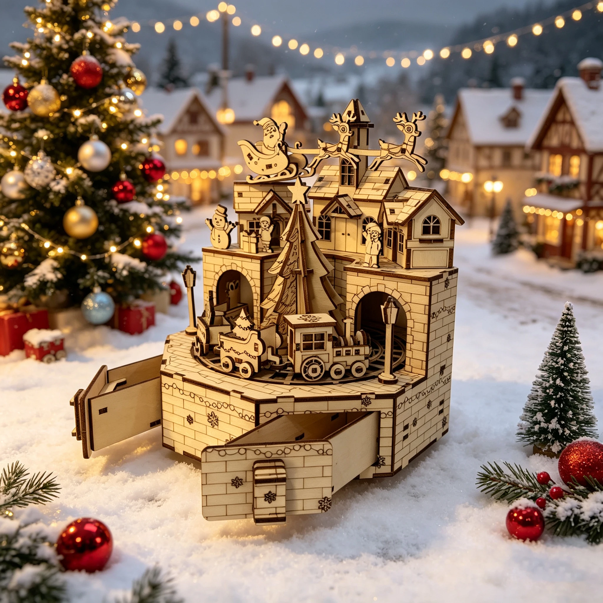 Wooden Christmas Town 3D Puzzl - Music Box Wooden 3D Puzzle Rotating 评论和价格