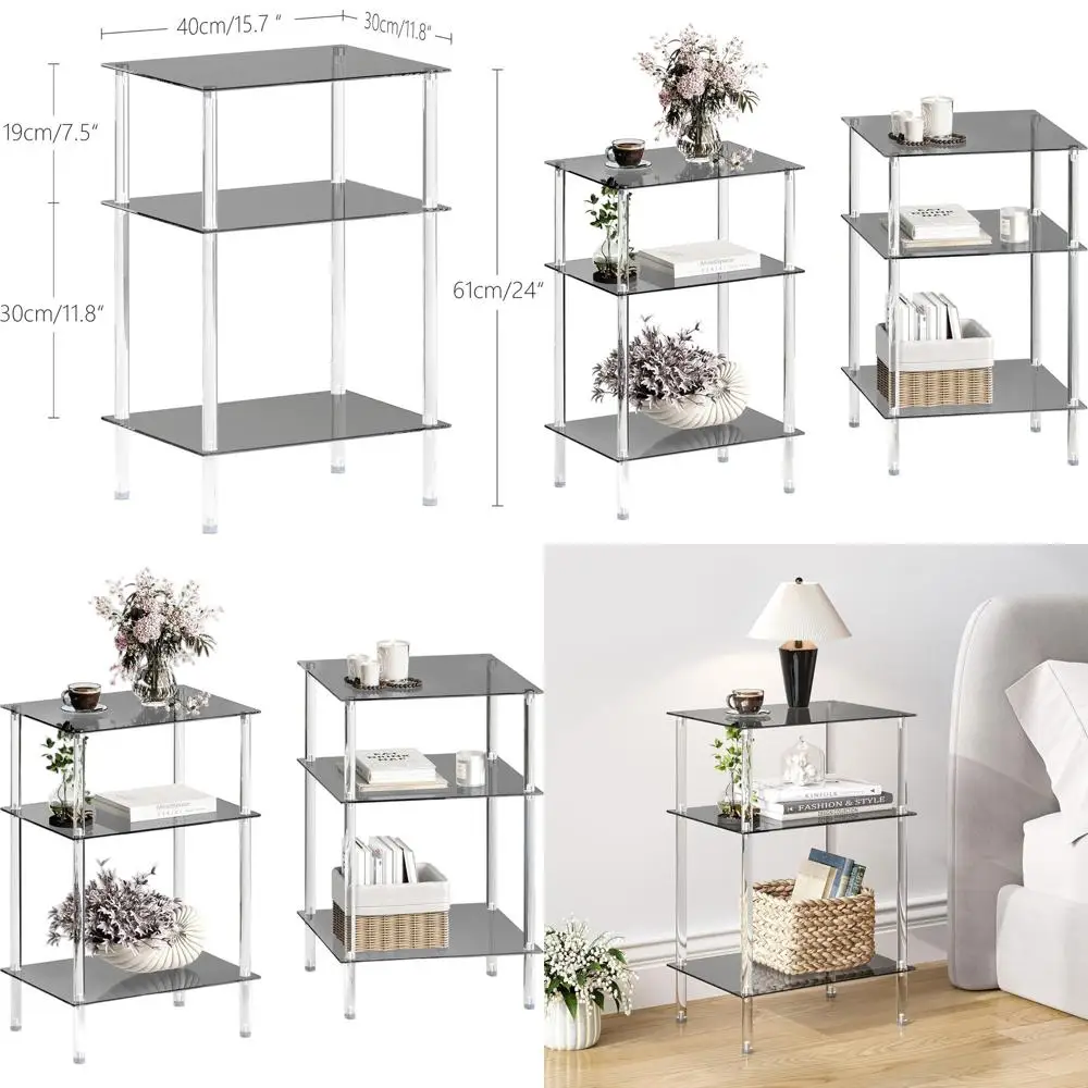 

Приставные столики из закаленного стекла Набор из 2 акриловых торцевых столиков с 3 полками для хранения, прозрачная прикроватная тумбочка, простота, прозрачная, 3-уровневая Nightsta