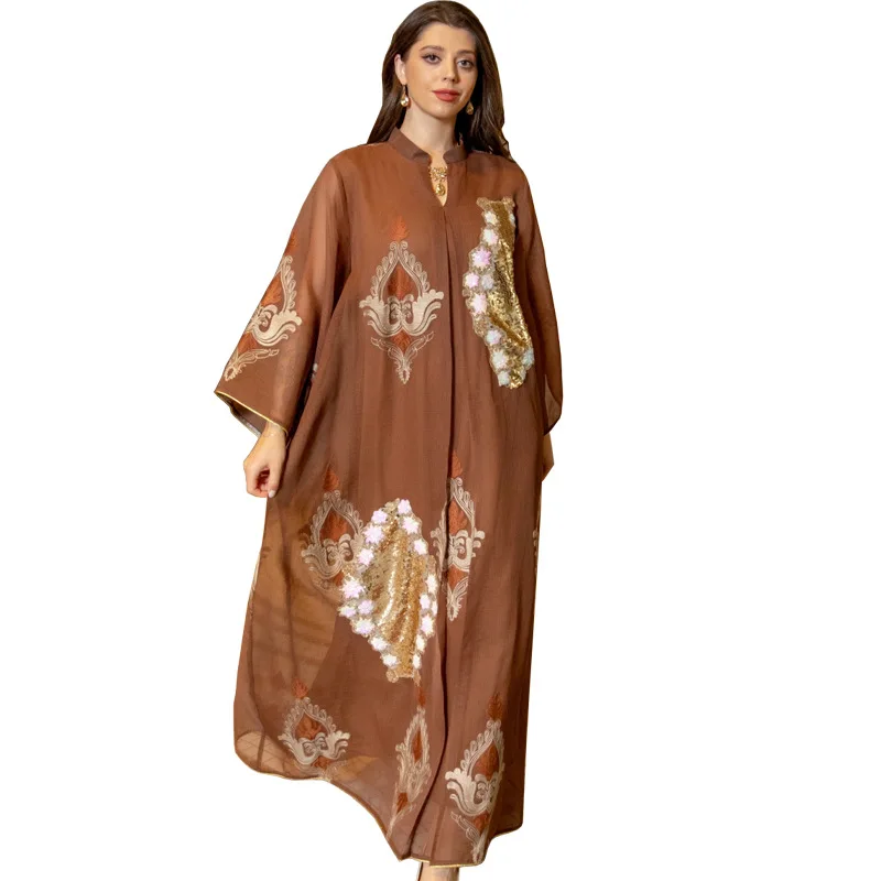 Zigui Muslim Women Summer Dresses Stand Collar Embroidery Evening Sequin Coffee Chiffon Abaya Dress