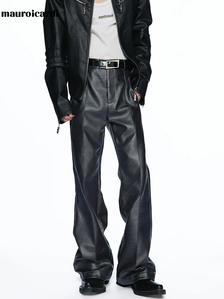 Mauroicardi Autumn Winter Long Matte Black Pu Leather Straight Pants for Men Luxury Dark Academic Vintage Clothes Menswear 2026