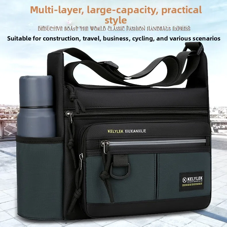 Large Capacity Men's Crossbody Bag Casual Commuter Shoulder Bag Korean Style Nylon Material Zipper Closure Fashionable Satchel