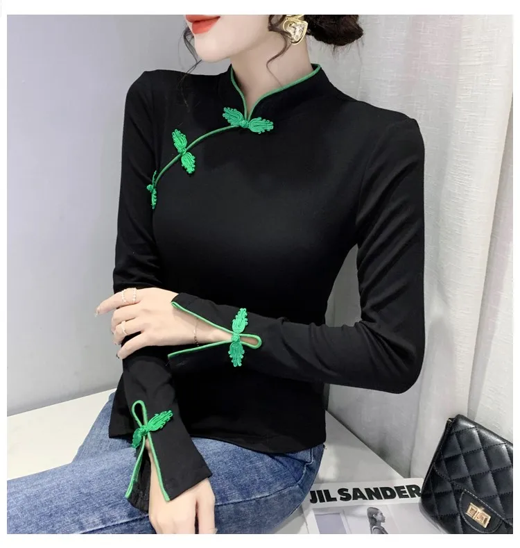 

Chinese Vintage Women Cheongsam T-shirts Slim Body Women Irregualr Collar Pullovers Femme Stretchy White T-shirt