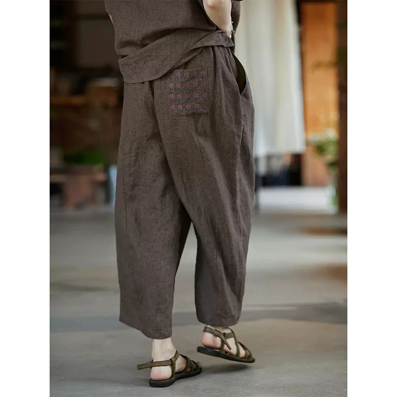 

Spring Summer Arts Style Women Elastic Waist Loose Ankle-length Pants Vintage Embroidery Cotton Linen Harem Pants High Quality