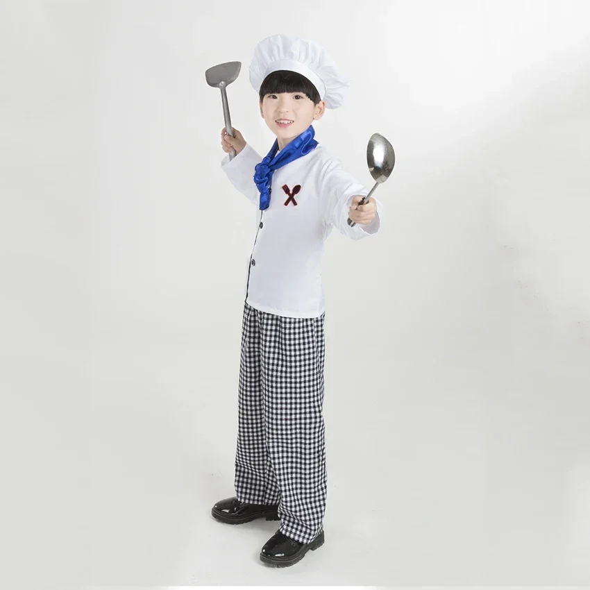 Kids Chef Jacket Plaid Trousers Cook Uniform Food Service Halloween Carnival Cosplay Costumes for Children Girls