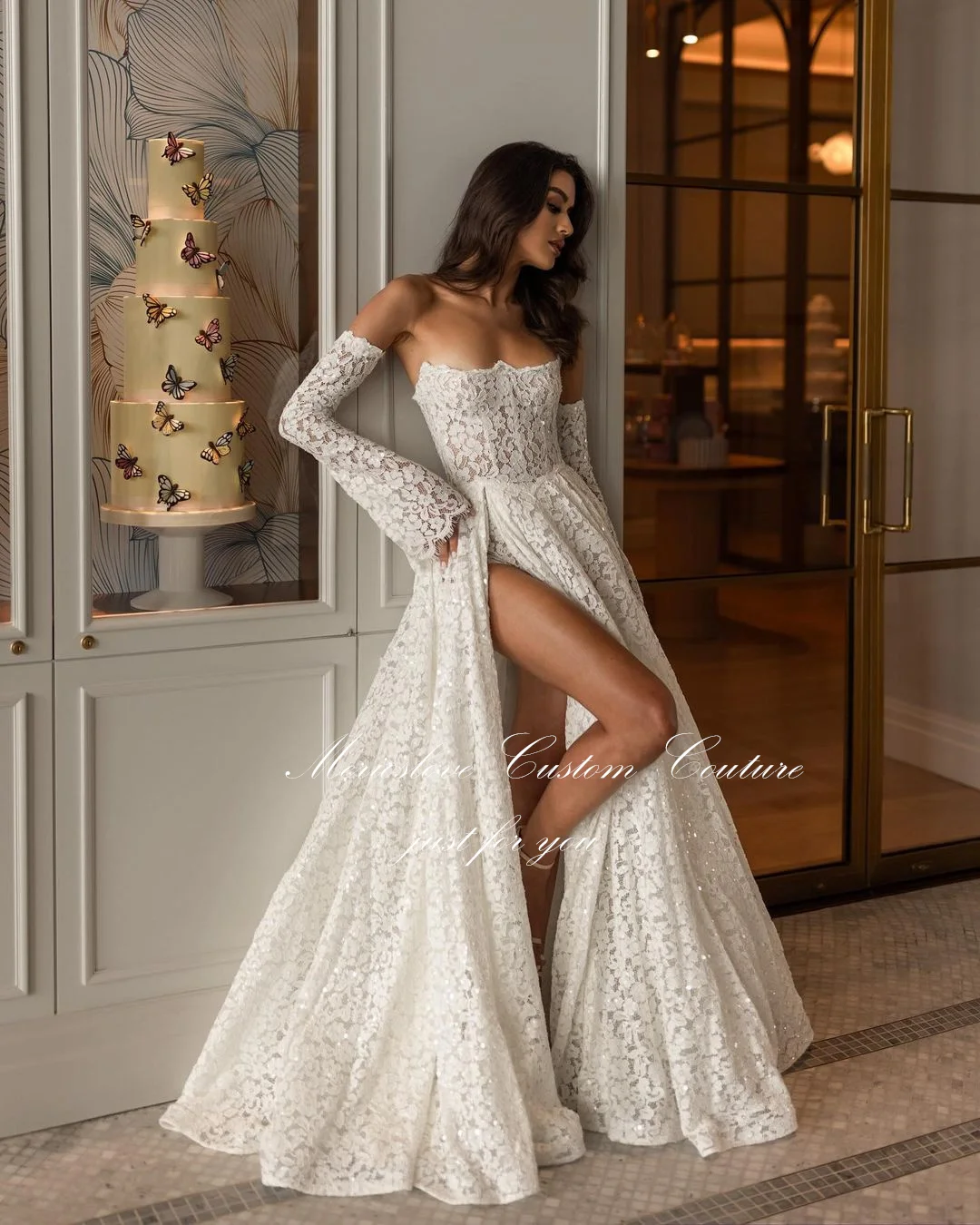 Merioslove-Robe de Mariée en Dentelle Exquise, Manches sulf, Sans Bretelles, Fendue sur le Côté, A-ligne, pour les Patients, Quelle que soit la Plage