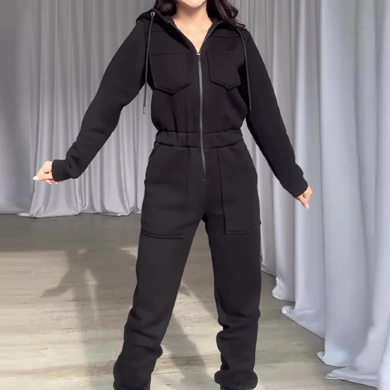 

Женские комбинезоны на молнии с капюшоном, цельный комбинезон, однотонный спортивный комбинезон с карманами и длинными рукавами, комбинезон с узкой талией, осенний комбинезон