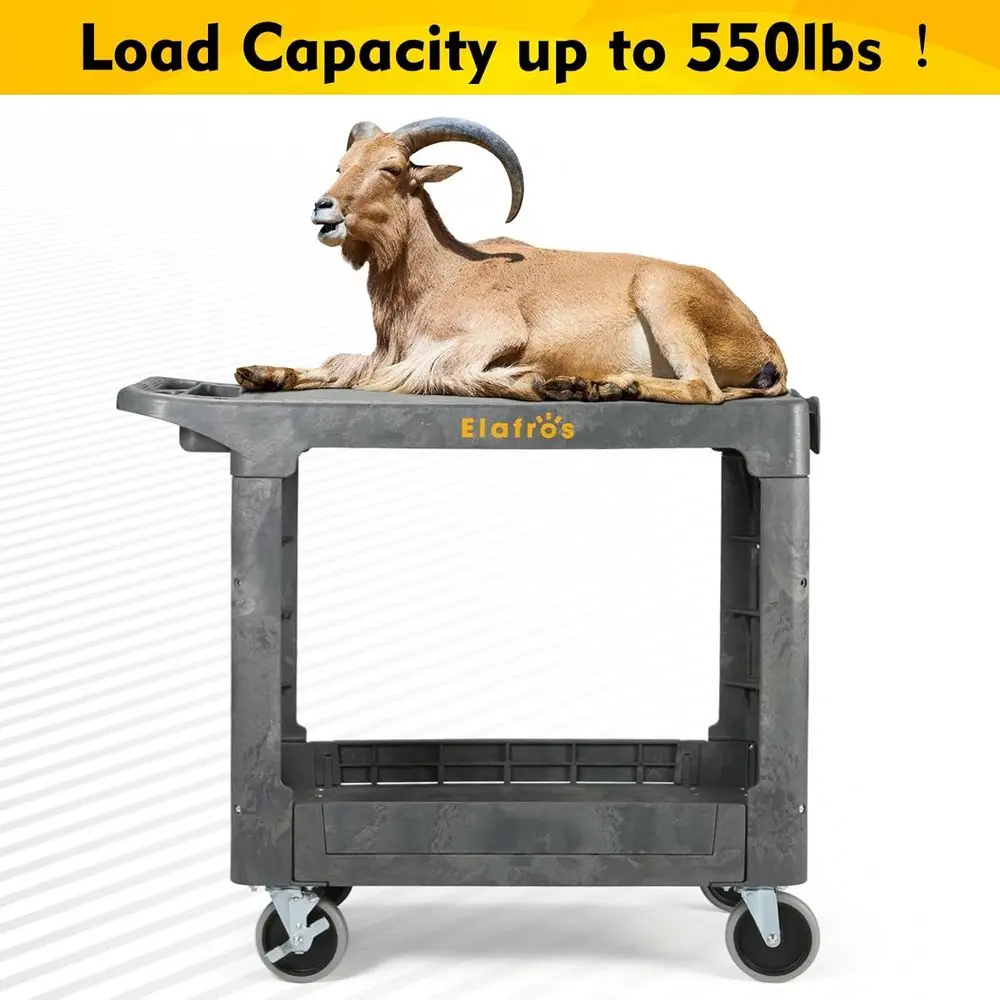 Wytrzymały 2-poziomowy wózek narzędziowy z tworzywa sztucznego, płaska platforma 37x18,8 cala, kółka obrotowe, udźwig 250 kg, idealny do magazynu, garażu, sprzątania - G