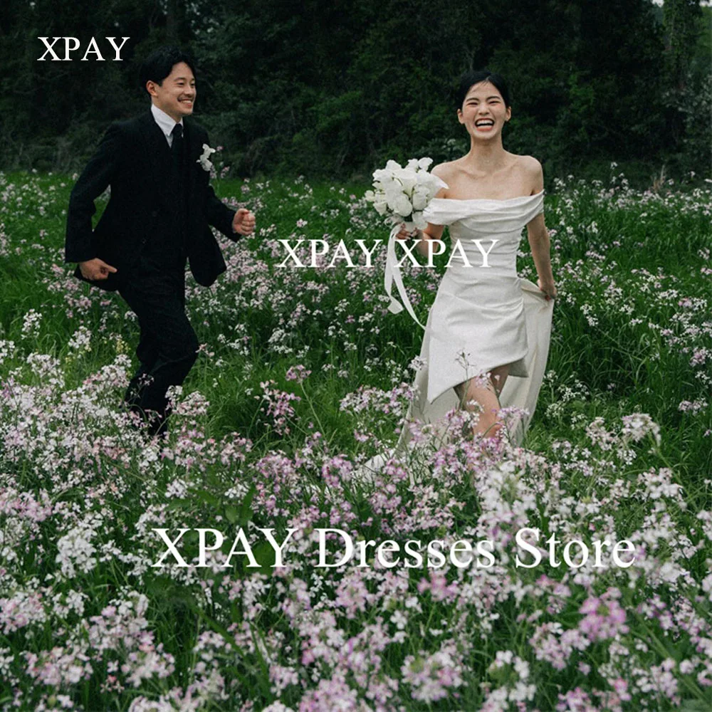 XPAY Off Shoulder Mini Short Wedding Party Dresses Soft Satin Pleats Asymmetric Hem Bride Gowns With Train Back Customized