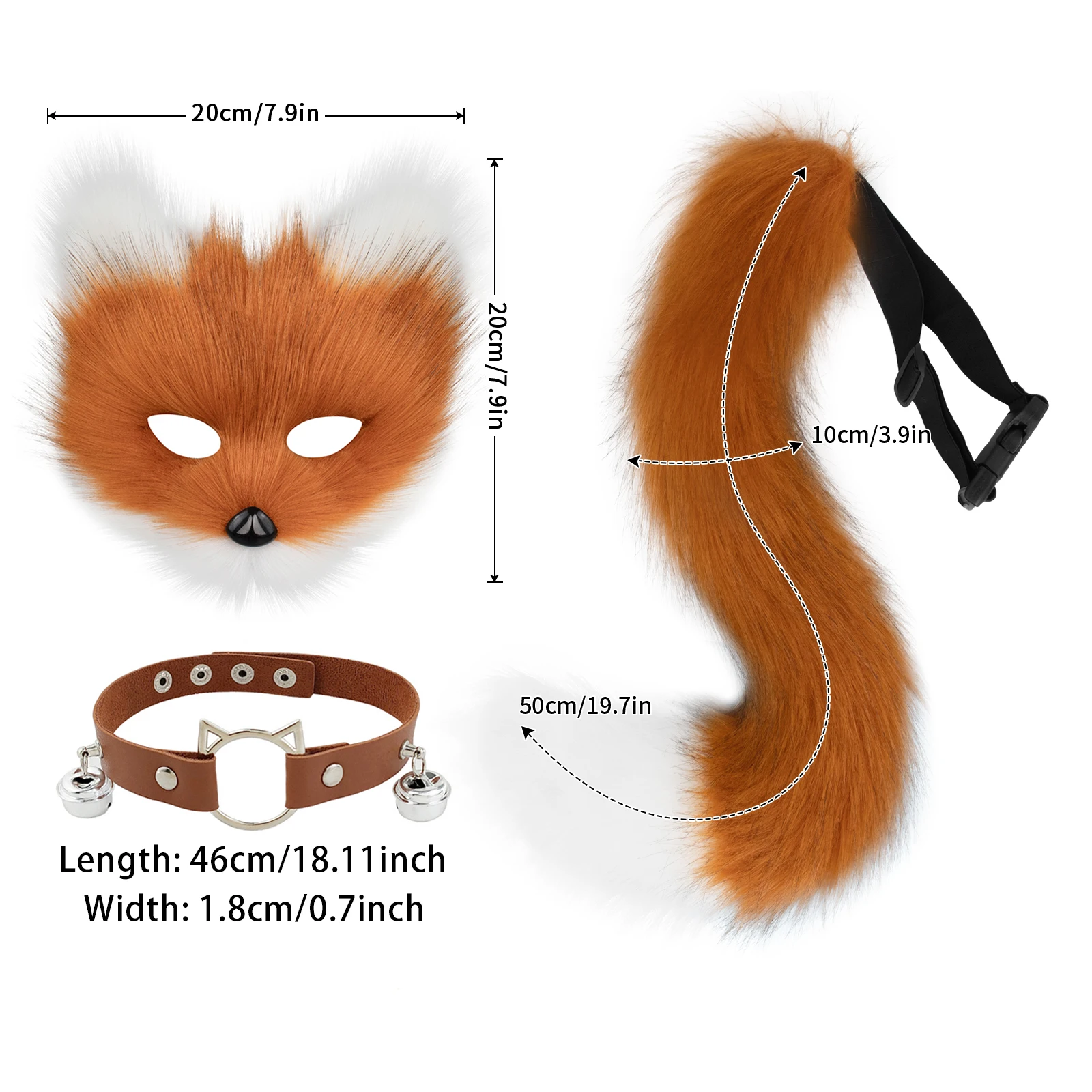 Faux Fur Fox Tail Cat Mask Paw Gloves and Leather Choker Costume Accessories Set for Cosplay Parties