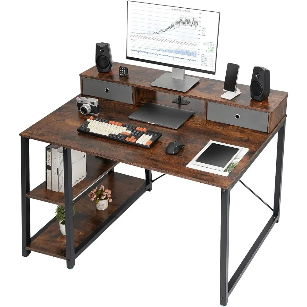 

47”x 31.5” Computer Desk With Drawers Monitor Stand Storage Shelf 3-Port Charging Station (Rustic Brown) Table Office Furniture